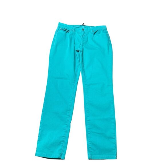 2 Eileen Fisher Pants Cotton blend 5-pocket Jean Style size 8 Aqua And Salmon - Picture 4 of 10